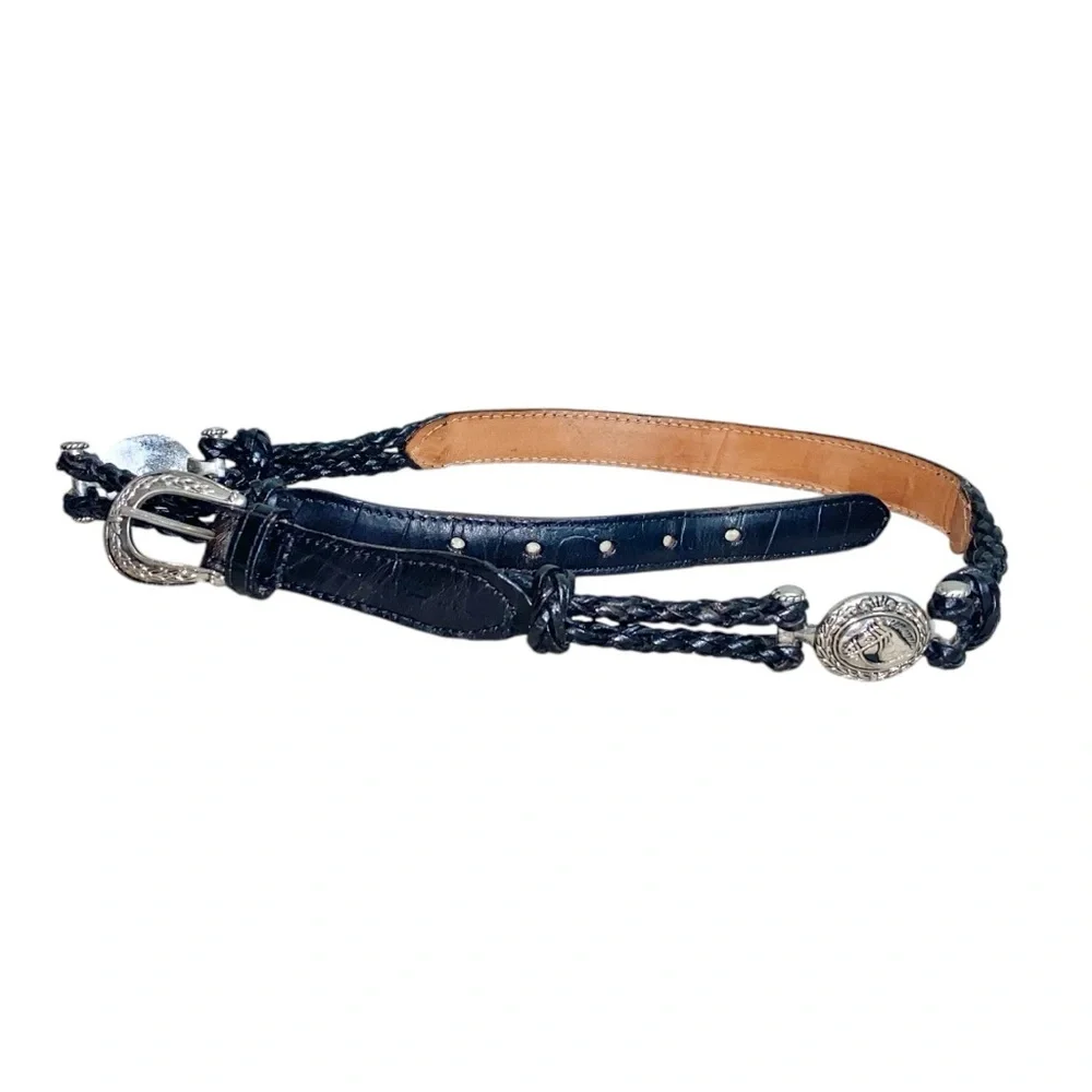 Vintage 90s Equestrian Western Horse Silver Studded Braided Black Leather Belt